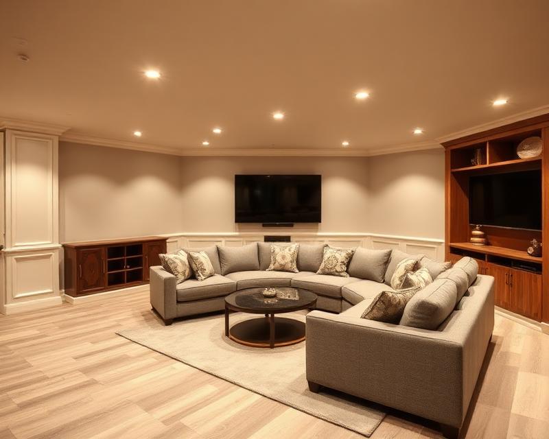 Finished basement with entertainment area and modern lighting