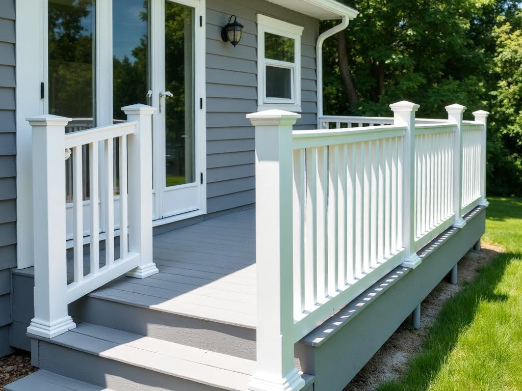 Complete Deck Transformation - Full deck replacement with composite decking and white vinyl railings, transforming an aging structure into a beautiful outdoor living space.