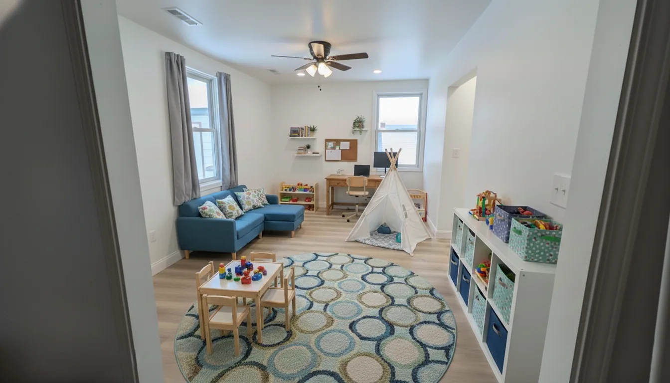 Bright & Playful Children's Bonus Room - Cheerful playroom with teal sectional, kids play tent, activity table, cube storage organization, and light wood flooring, a perfect space for growing families.