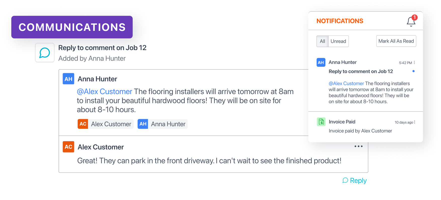 Customer portal real-time messaging interface for direct team communication