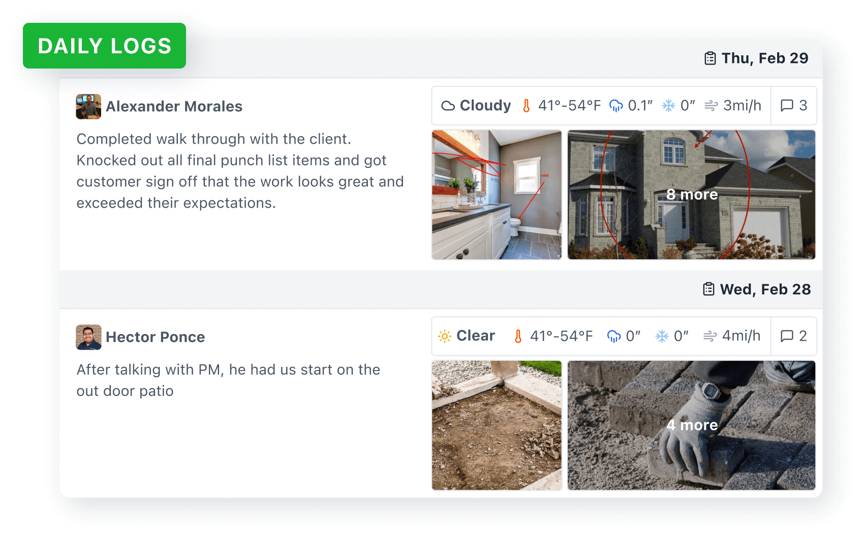 Daily work log interface showing crew activities, weather, and completed tasks