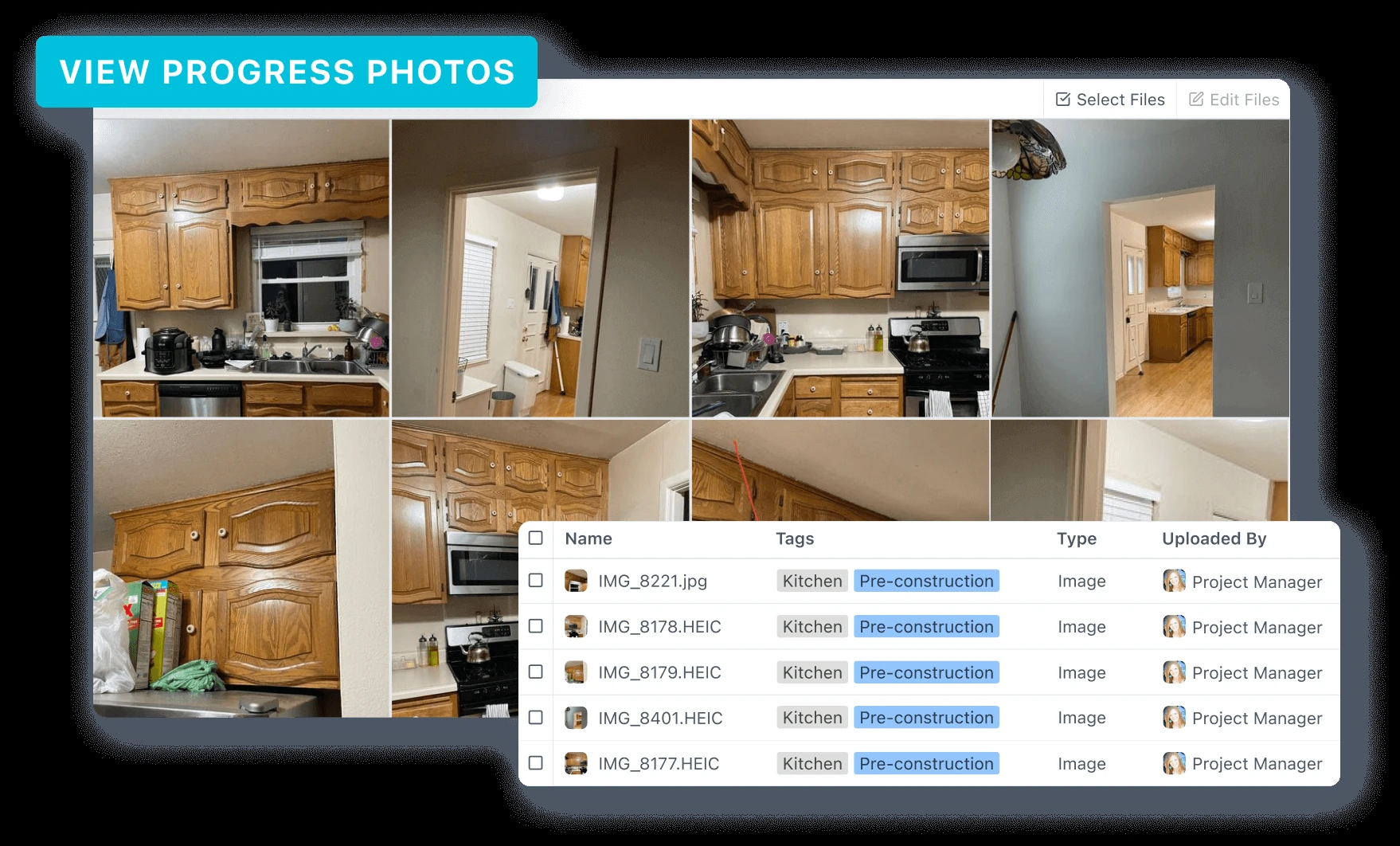 Customer portal photo gallery showing daily construction progress images