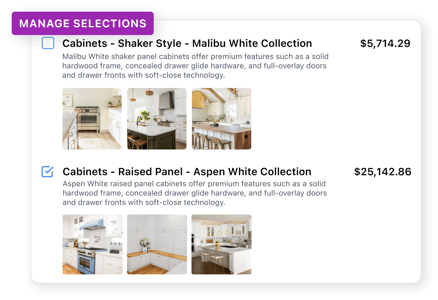 Material and finish selection interface for choosing cabinet, tile, and fixture options