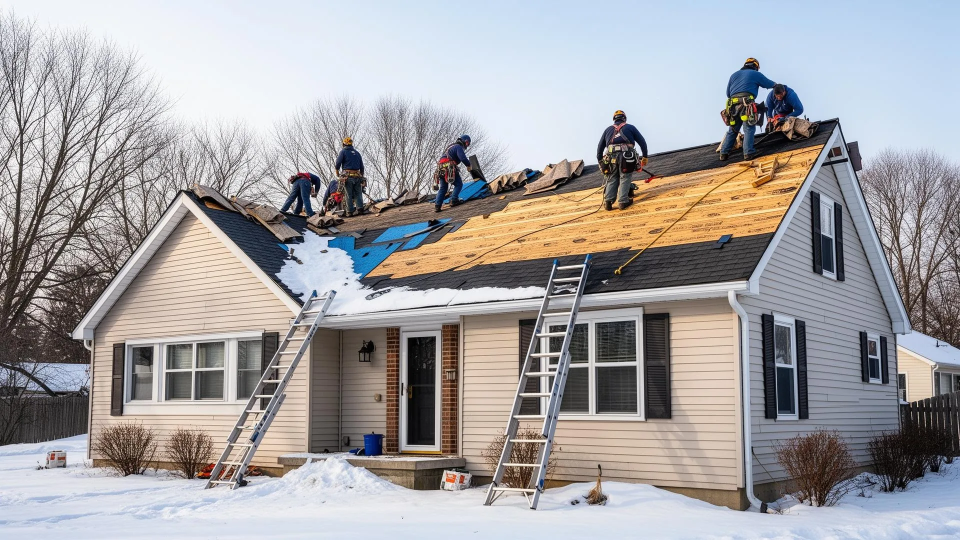 Professional roofing crew installing shingles on an Ashtabula County home in winter