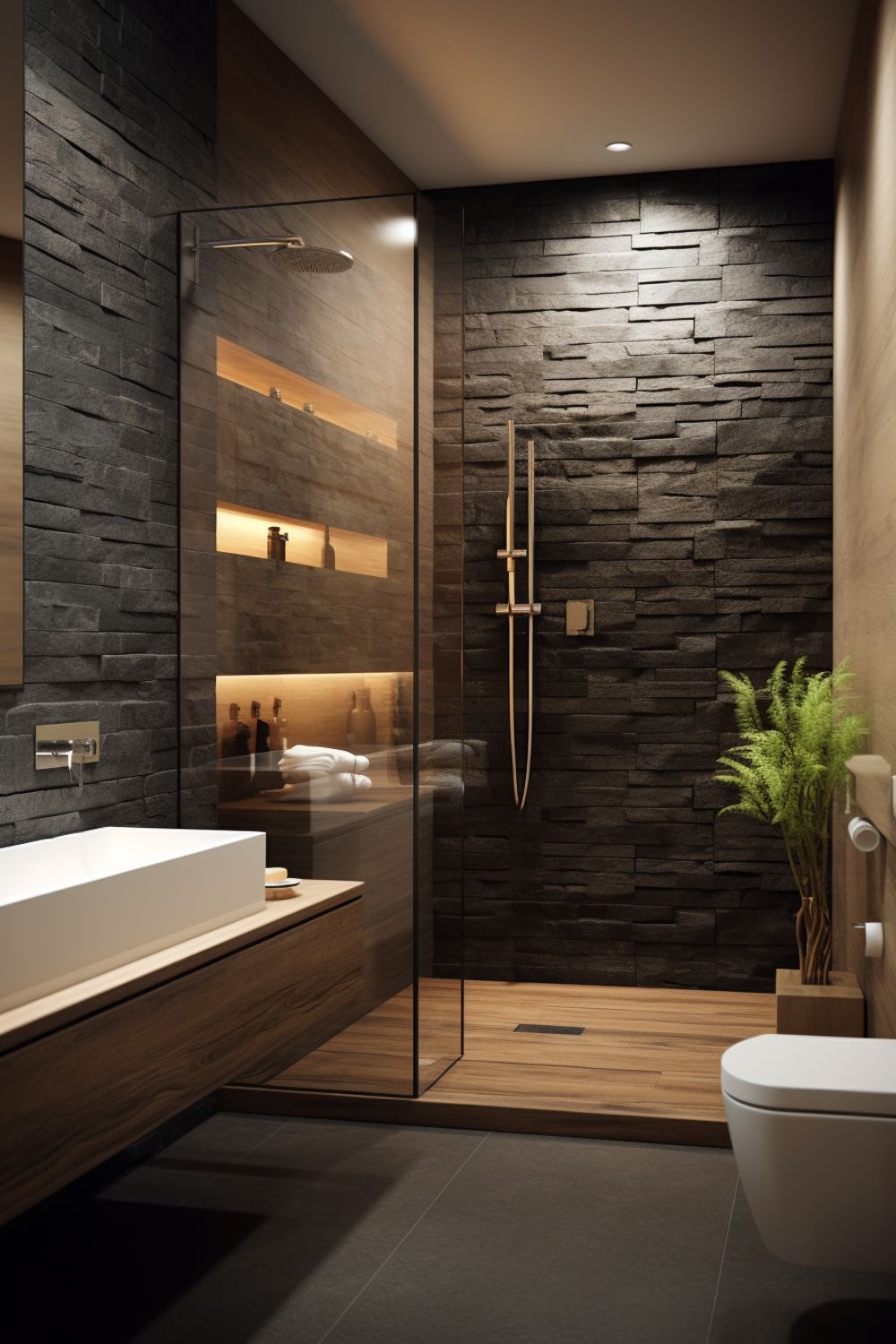 Spa-Inspired Master Bath - Stacked stone walls, wood accents, glass enclosure, and modern fixtures.